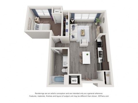 Floor plan for 1 bed, 1 bath, 647 sqft